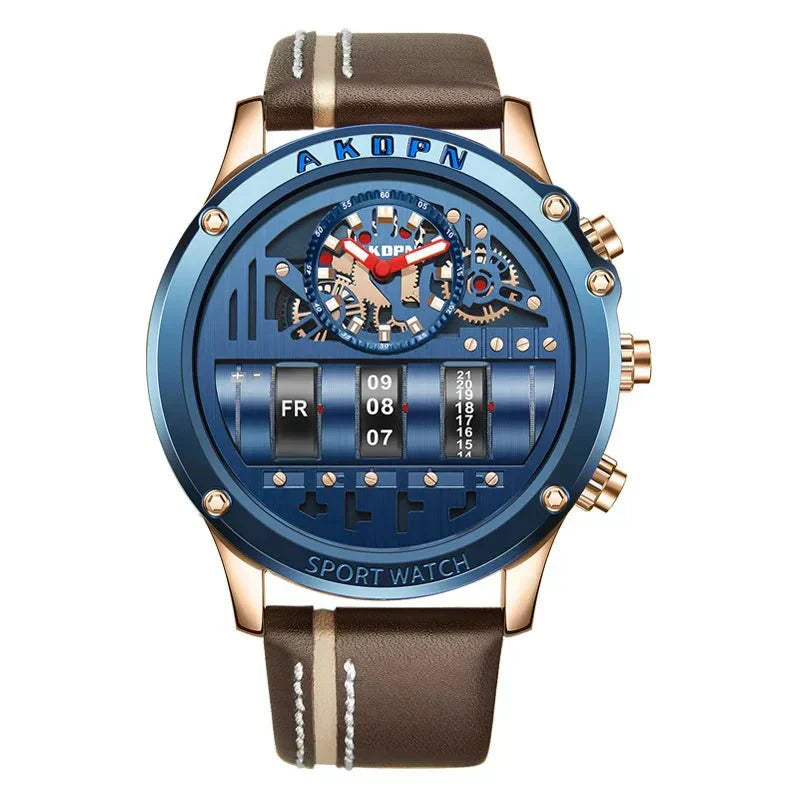 Elegante reloj de cuarzo para hombre con fecha giratoria única y correa de cuero: reloj informal de inspiración militar