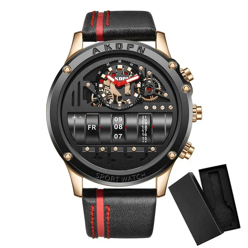 Elegante reloj de cuarzo para hombre con fecha giratoria única y correa de cuero: reloj informal de inspiración militar