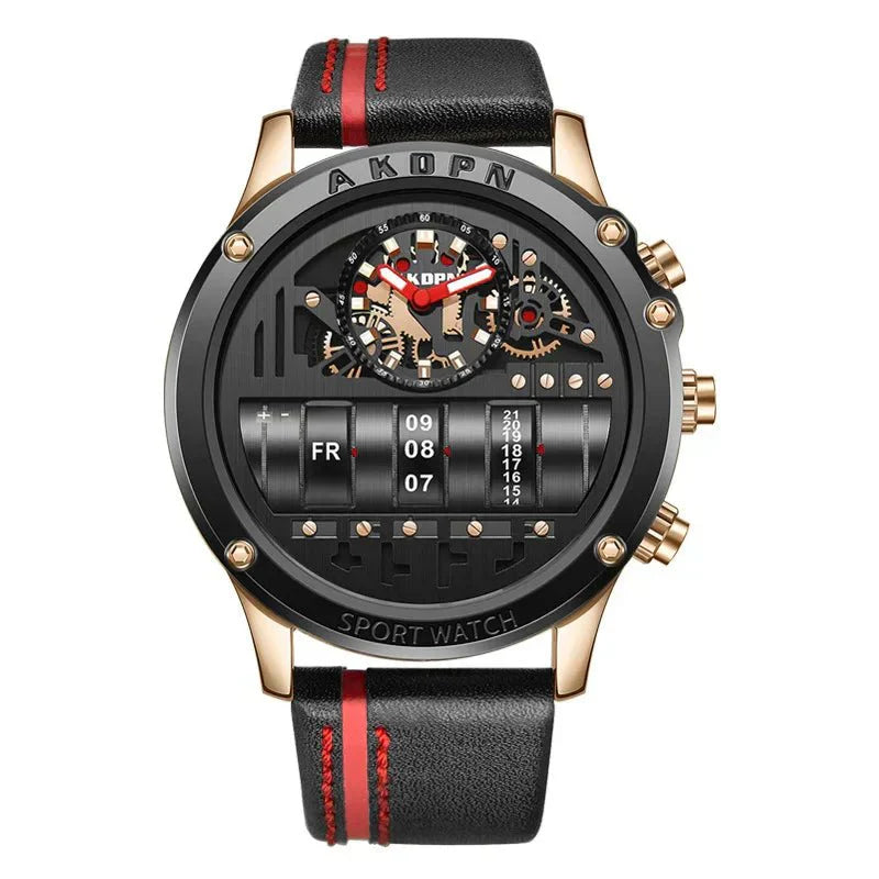 Elegante reloj de cuarzo para hombre con fecha giratoria única y correa de cuero: reloj informal de inspiración militar