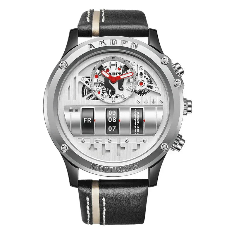 Elegante reloj de cuarzo para hombre con fecha giratoria única y correa de cuero: reloj informal de inspiración militar