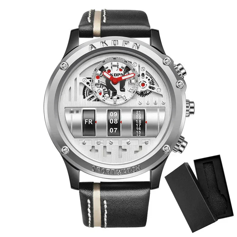 Elegante reloj de cuarzo para hombre con fecha giratoria única y correa de cuero: reloj informal de inspiración militar