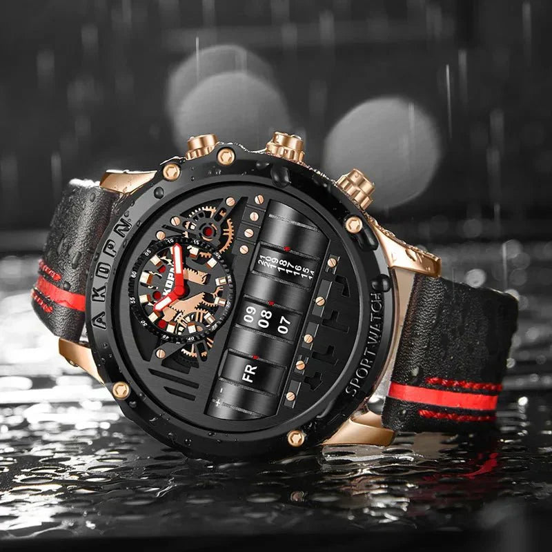 Elegante reloj de cuarzo para hombre con fecha giratoria única y correa de cuero: reloj informal de inspiración militar