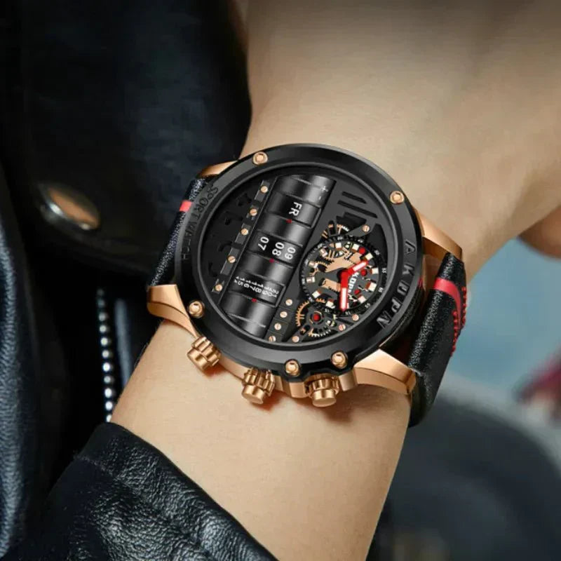 Elegante reloj de cuarzo para hombre con fecha giratoria única y correa de cuero: reloj informal de inspiración militar