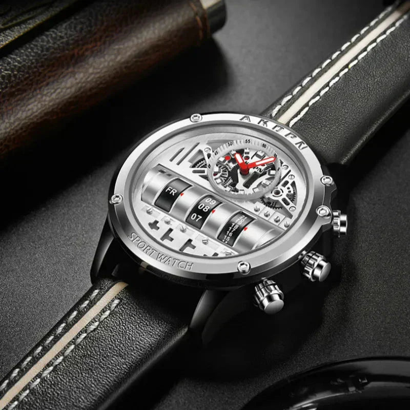 Elegante reloj de cuarzo para hombre con fecha giratoria única y correa de cuero: reloj informal de inspiración militar